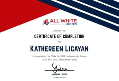 all white hat seo certificate by angeline licerio